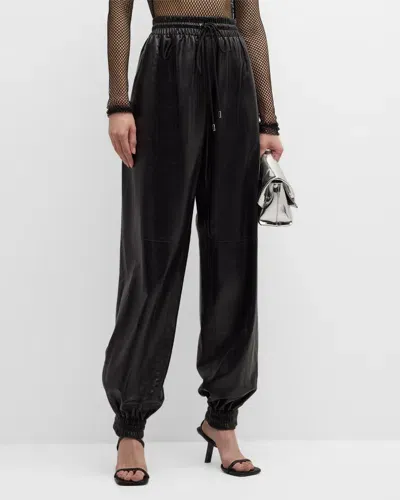 Salon 1884 Toda Leather Pull-on Track Pants In Black