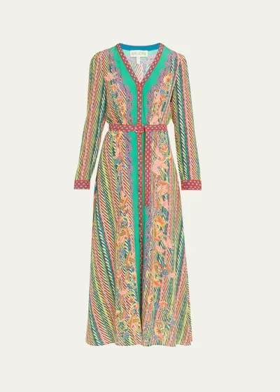 Saloni Lea Button-front Printed Midi Silk Shirtdress In Oblique Bloom