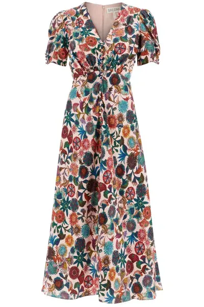 Saloni Lea Long Dress In Printed Silk In Multicolor