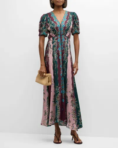 Saloni Lea Printed Long Dress In Boteh Stripe Plmt