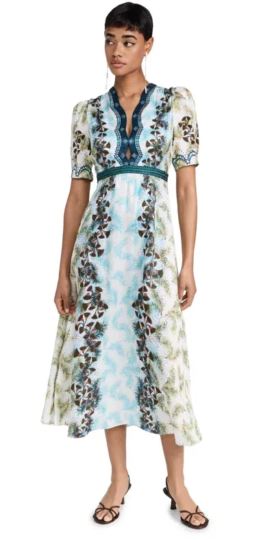 Saloni Tabitha Printed Silk Puff-sleeve Midi Dress In Feather Papyrus