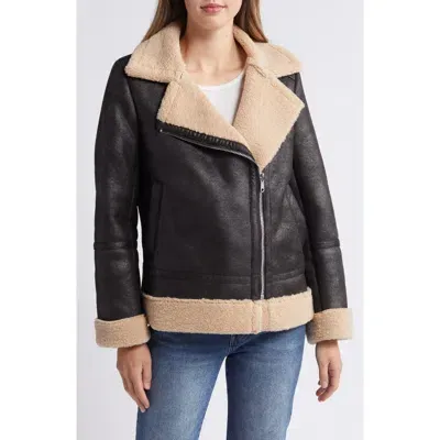 Sam Edelman Faux Leather & Faux Shearling Moto Jacket In Camel/black