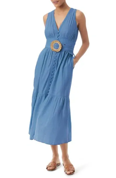 Sam Edelman Selene Belted Cotton Blend Midi Dress In Heavenly Blue