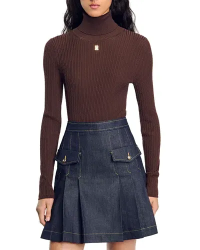 Sandro Cable Knit Turtleneck Sweater In Brown