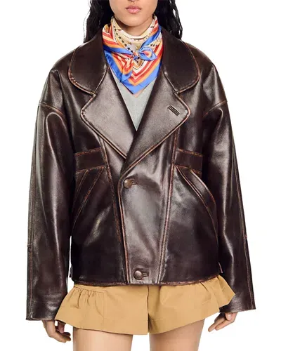 Sandro Clem Leather Jacket In Brown