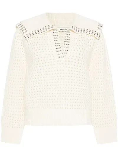 Sandro Crystal-embellished Open-knit Jumper In Ecru