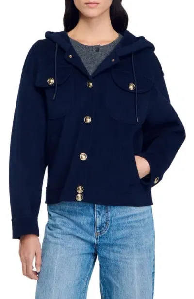 Sandro Double-faced Wool Coat In Navy Blue