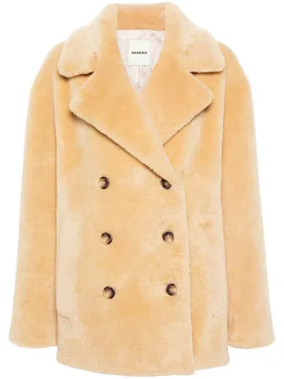 Sandro Faux-fur Double-breasted Coat In Camel