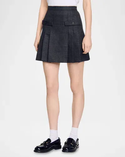 Sandro Felicite Prince Of Wales Pleated Wool Mini Skirt In Dark Grey