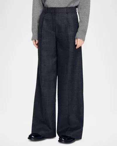 Sandro Felix Wide Leg Checked Wool Suit Trousers In Dark Grey