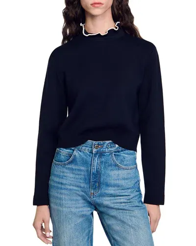 Sandro Francoise Ruffle Neck Sweater In Navy Blue