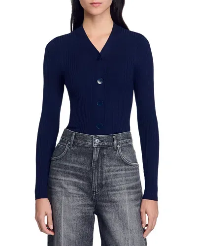 Sandro Gabrielle Rib Knit Cardigan In Navy Blue