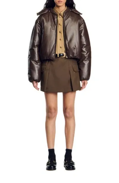 Sandro Glazed Leather Jacket In Brown