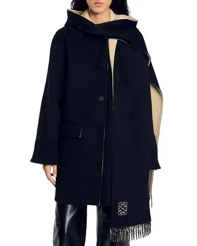 Sandro Jalen Wool Hooded Coat In Black