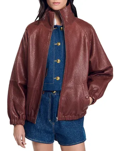 Sandro Jordan Leather Jacket In Bordeaux