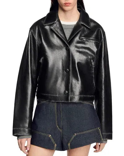 Sandro Jude Leather Jacket In Black