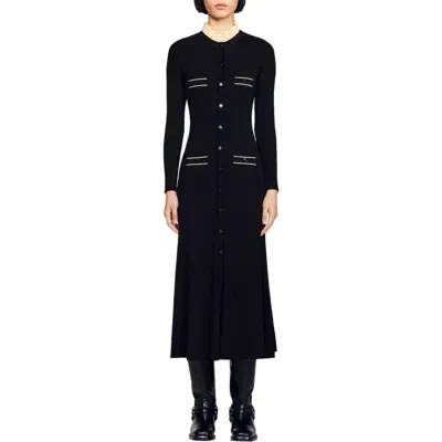 Sandro Ribbed-knit Flared Midi Dress In Black