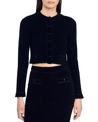 Sandro Leandro Velvet Knit Cardigan In Black