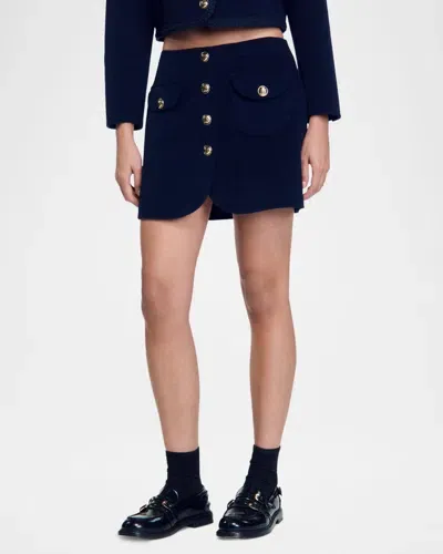 Sandro Double-faced Short Wool Skirt In Navy Blue