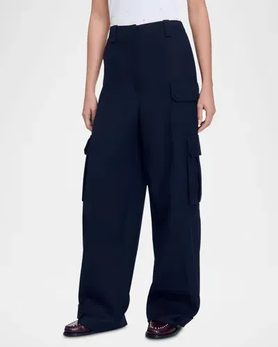 Sandro Paco Wide Leg Wool Cargo Trousers In Navy Blue