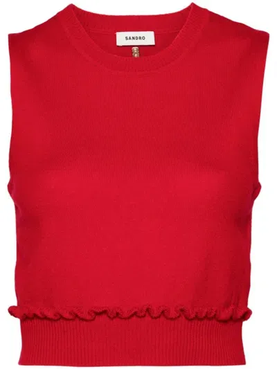 Sandro Ruffle-detail Wool-blend Vest In Red