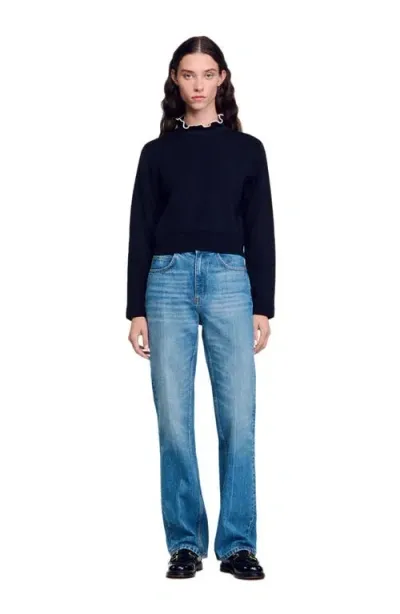 Sandro Ruffled-neck Sweater In Navy Blue