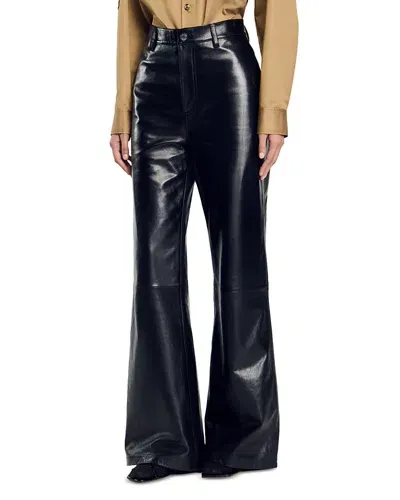 Sandro Flared Leather Trousers In Black