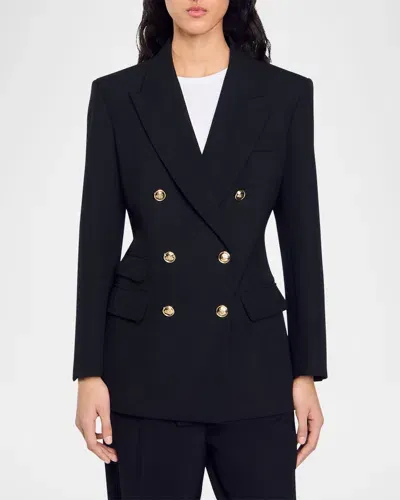 Sandro Toscane Double-breasted Wool Blazer In Black