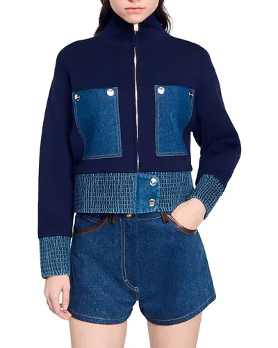 Sandro Vancouver Denim Trim Knit Jacket In Blue