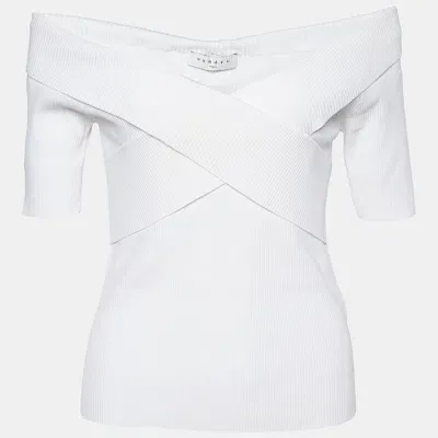 Pre-owned Sandro White Rib Knit Criss-cross Detail Galina Top L