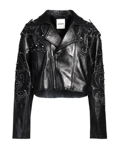 Sandro Cropped Embellished Leather Biker Jacket In Black