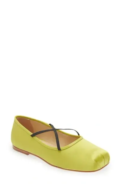 Sandy Liang Crisscross Strap Ballet Flat In Chartreuse Satin