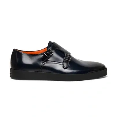 Santoni Men's Blue Shiny Leather Double-buckle Shoe