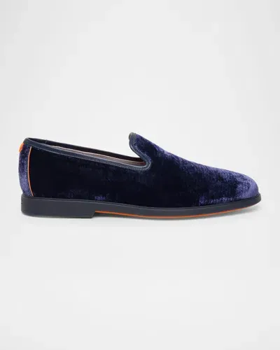 Santoni Men's Rubber-sole Velvet Loafers In Blue