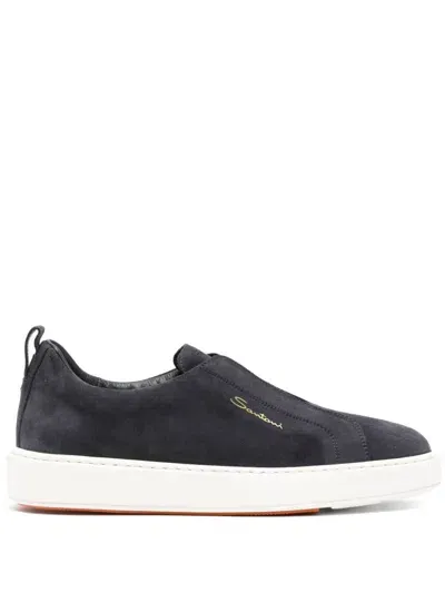 Santoni Suede Slip-on Clean Icon Sneakers In Blue