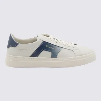 Santoni White And Blue Leather Buckle Sneakers