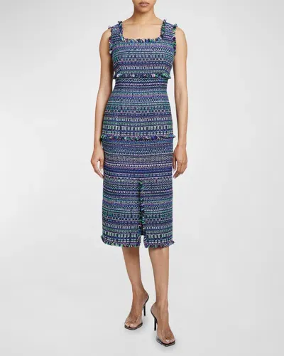 Santorelli Faye Sleeveless Fringe-trim Tweed Dress In Purple Multi