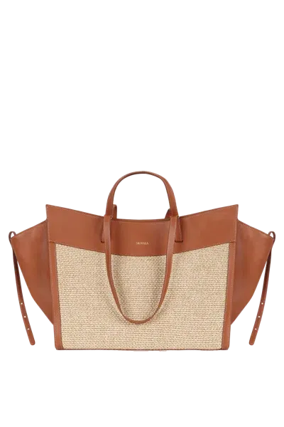 Saonara Shopping Bag Rafia/caramelo Piel In Brown