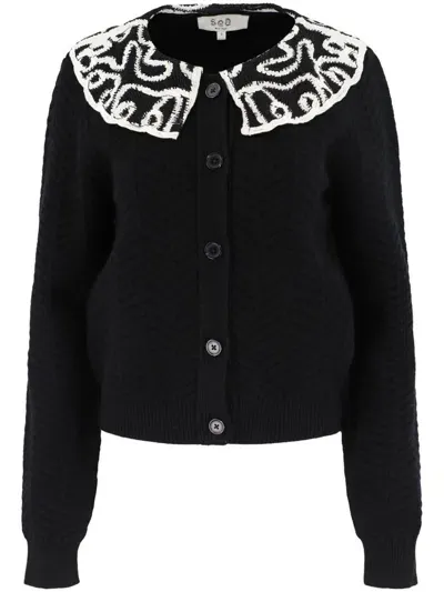 Sea Alice Embroidery Battenberg Cardigan In Black