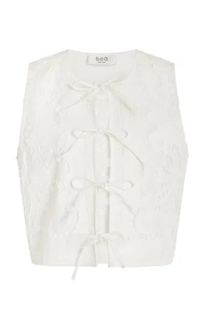 Sea Embroidered Cotton And Linen-blend Top In White