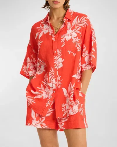 Sea Level Swim Aloha Button-front Shirt In Flame