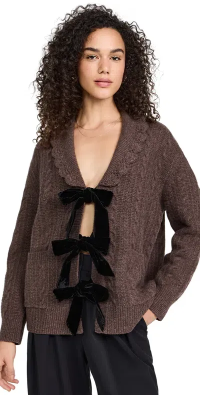 Sea Mariella Tie-detailed Velvet-trimmed Cable-knit Merino Wool Cardigan In Brown