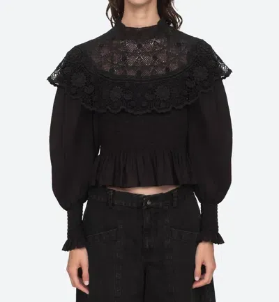 Sea Serita Guipure Lace-trimmed Cotton-poplin Blouse In Black