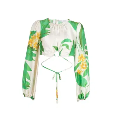 Secret Mission Donna Waist-tie Silk Blouse In Tropical Green