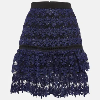 Pre-owned Self-portrait Blue Floral Lace Sequin Detail Tiered Skirt S