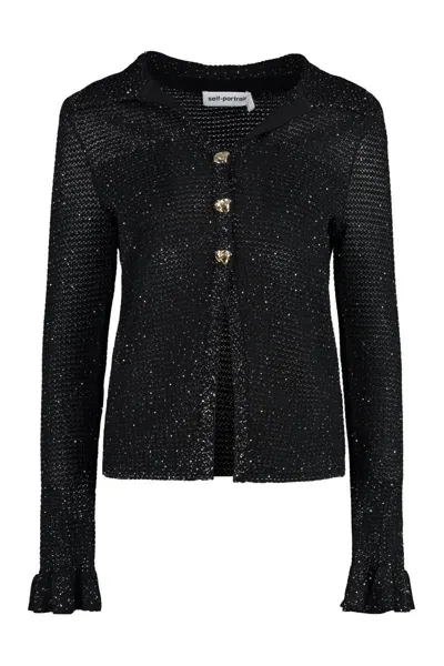 Self-portrait Embellished Button Cardigan In Black