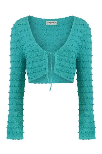 Self-portrait Knitted Cardigan In Green