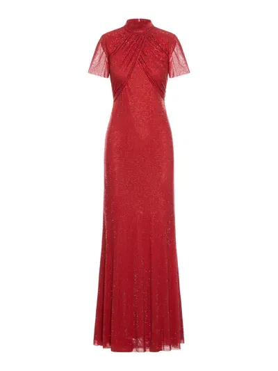 Self-portrait Red Rhinestone Mesh Maxi Dress