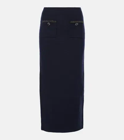 Self-portrait Wool And Cotton-blend Midi Skirt In Blue