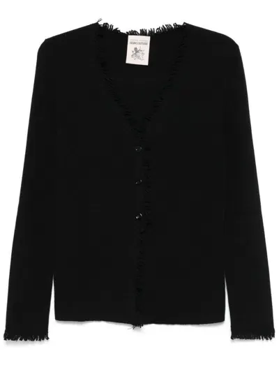 Semi-couture Wool Blend Sophie Cardigan With Fringes In Black